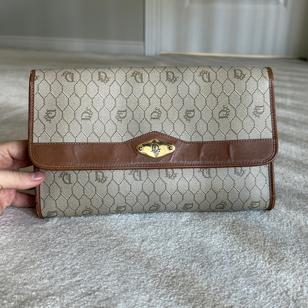 Vintage 1980’s Dior Tan and Beige honeycomb  Monogram Clutch